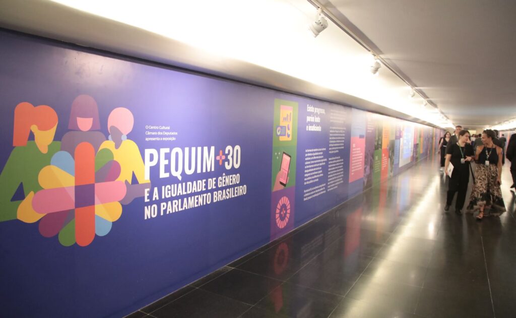 Na foto, vemos a parede esquerda de um corredor comprido. Ela está plotada com texto e imagens em cores diferentes. Em primeiro plnao, lê-se "Pequim +30 e a igualdade de gênero no Parlamento brasileiro".